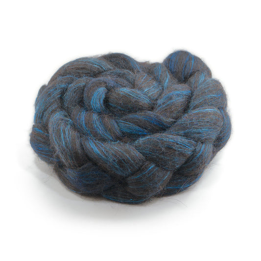 Hand Painted 80/20 Black Alpaca Mulberry Silk Combed Top, Charcoal, Steel Blue and Peacock Blue, 4 oz - photo 1