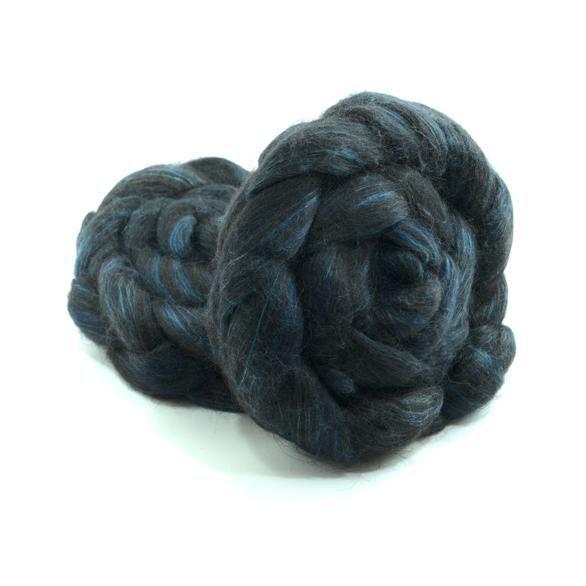 Hand painted alpaca mulberry silk combed top, charcoal, steel blue and peacock blue, two-bun stack