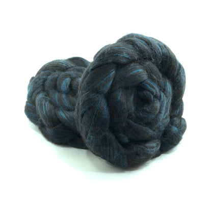 Hand painted alpaca mulberry silk combed top, charcoal, steel blue and peacock blue, two-bun stack