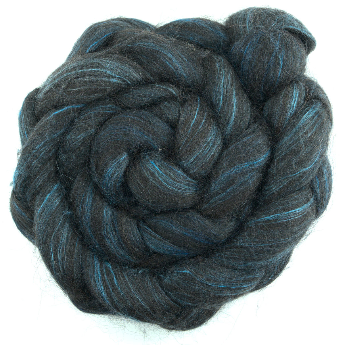 Hand painted alpaca mulberry silk combed top, charcoal, steel blue and peacock blue, overhead view