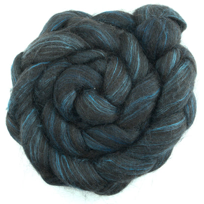 Hand painted alpaca mulberry silk combed top, charcoal, steel blue and peacock blue, overhead view