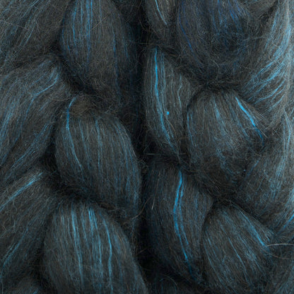 Hand painted alpaca mulberry silk combed top, charcoal, steel blue and peacock blue, braid closeup