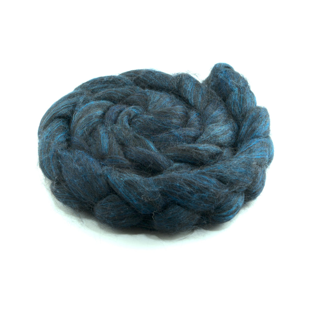 Hand painted alpaca mulberry silk combed top, midnight teal, deep teal and peacock blue, side view
