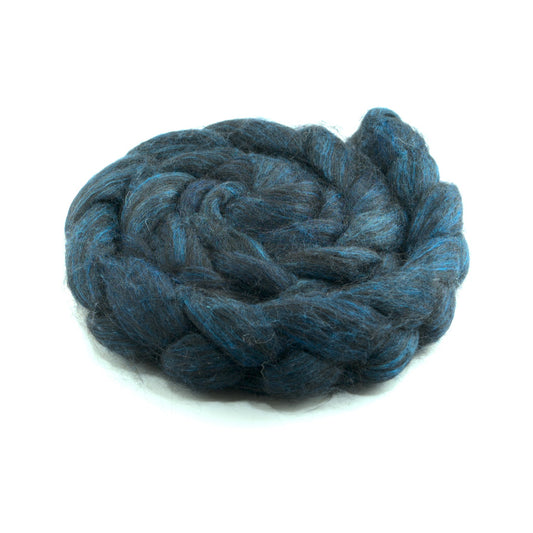 Hand painted alpaca mulberry silk combed top, midnight teal, deep teal and peacock blue, side view