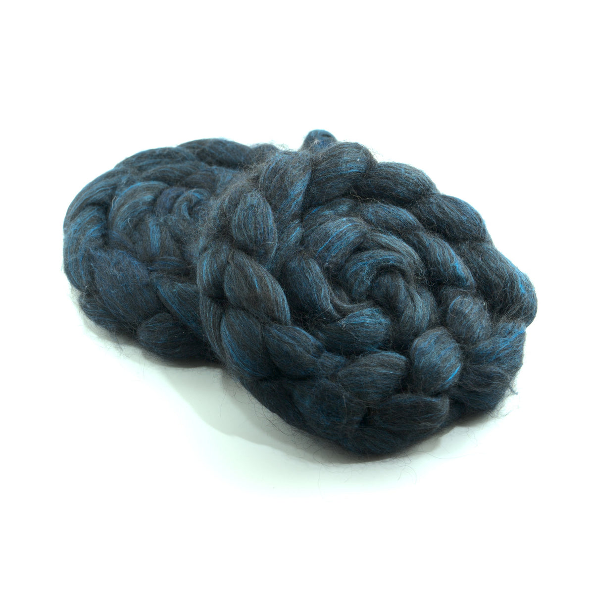 Hand painted alpaca mulberry silk combed top, midnight teal, deep teal and peacock blue, two-bun stack