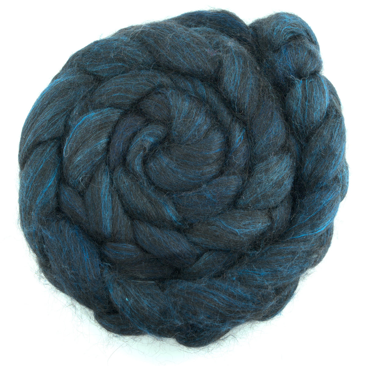 Hand painted alpaca mulberry silk combed top, midnight teal, deep teal and peacock blue, overhead view