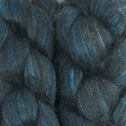Hand painted alpaca mulberry silk combed top, midnight teal, deep teal and peacock blue, braid closeup