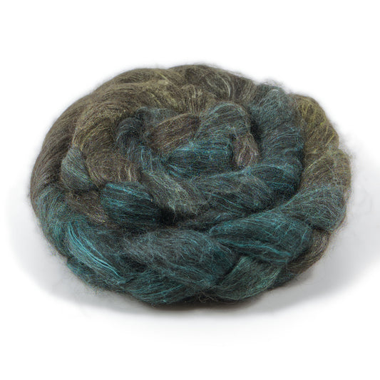Hand Painted 80/20 Black Alpaca Mulberry Silk Combed Top, Charcoal, Teal and Olive, 4 oz - photo 1