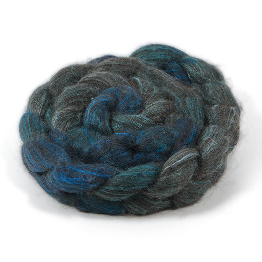 Hand Painted 80/20 Black Alpaca Mulberry Silk Combed Top, Teal and Blue, 4 oz - photo 1