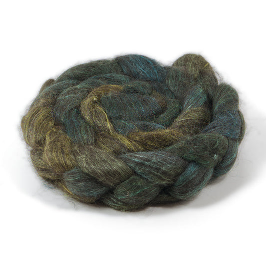 Hand Painted 80/20 Black Alpaca Mulberry Silk Combed Top, Olive and Teal, 4 oz - photo 1