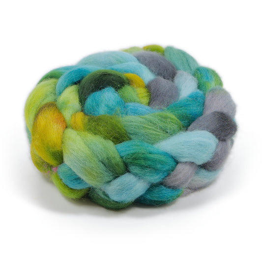 Hand Painted BFL Combed Top, Deep Slate Teal, Dusty Teal and Pale Robins Egg Aqua, 4 oz - photo 1