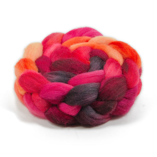 Hand Painted BFL Combed Top, Deep Cranberry, Black Cherry and Raspberry Pink, 4 oz - photo 1