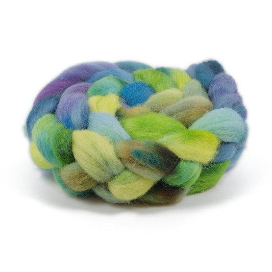 Hand Painted BFL Combed Top, Moss Green, Chartreuse Lime and Stormy Slate Blue, 4 oz - photo 1