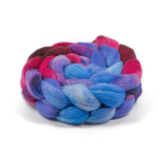 Hand Painted BFL Combed Top, Dusky Periwinkle, Deep Wine and Raspberry Rose, 4 oz - photo 1