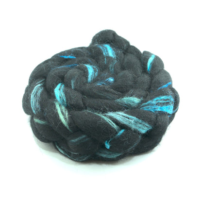 Hand painted black BFL tussah silk combed top, charcoal, slate grey and turquoise, side view