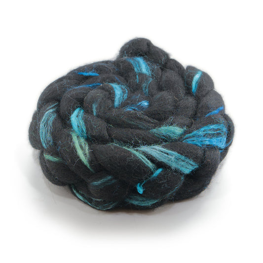 Hand Painted 60/40 Black BFL Tussah Silk Combed Top, Charcoal, Slate Grey and Turquoise, 4 oz - photo 1