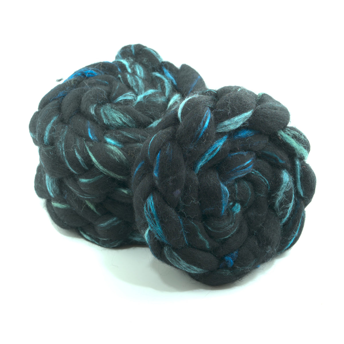 Hand painted black BFL tussah silk combed top, charcoal, slate grey and turquoise, two-bun stack