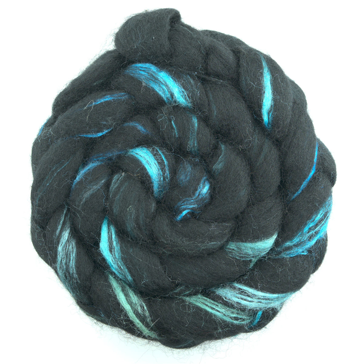 Hand painted black BFL tussah silk combed top, charcoal, slate grey and turquoise, overhead view