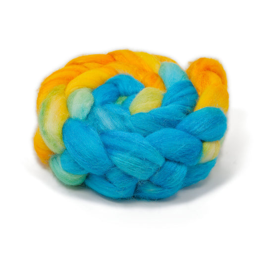 Hand Painted 75/25 BFL Silk Combed Top, Golden Yellow, Orange and Turquoise, 4 oz - photo 1