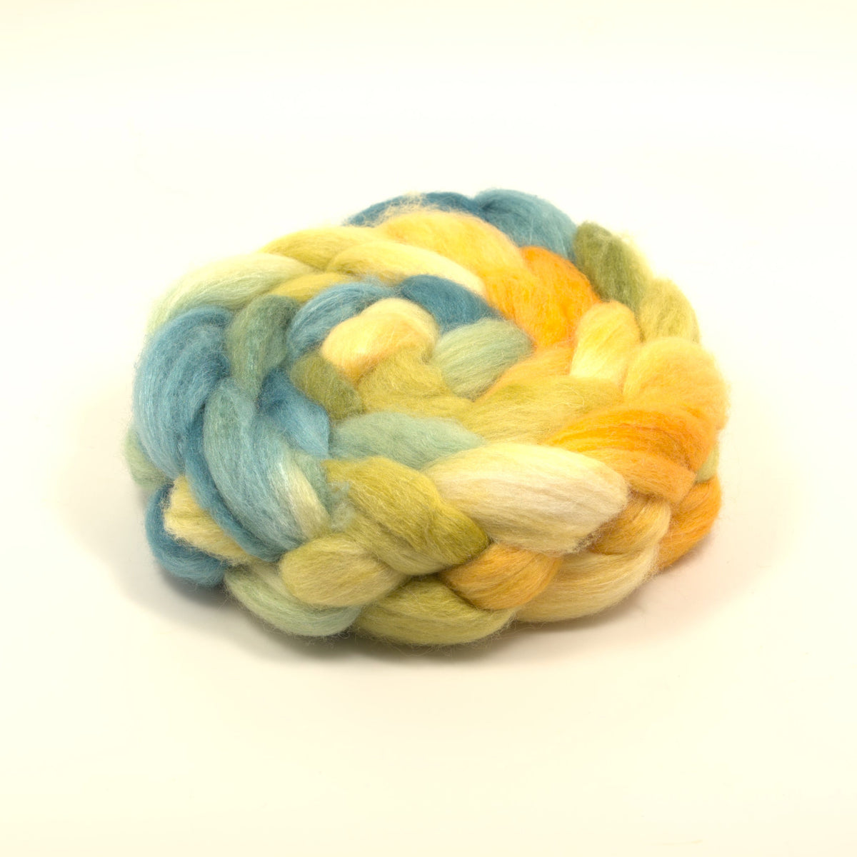 Hand painted 75/25 BFL tussah silk combed top in butter yellow, golden yellow and dusty teal