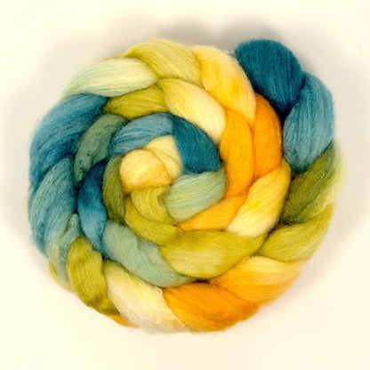 Hand painted 75/25 BFL tussah silk combed top in butter yellow, golden yellow and dusty teal