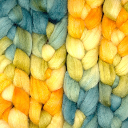Hand painted 75/25 BFL tussah silk combed top in butter yellow, golden yellow and dusty teal