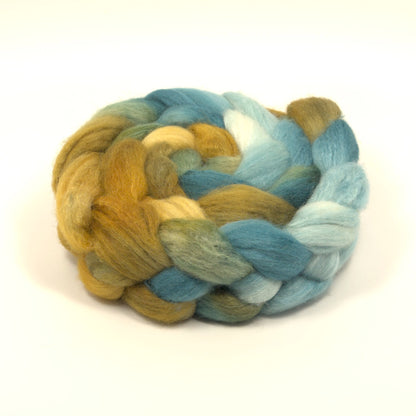 Hand painted 75/25 BFL tussah silk combed top in ochre, dusty teal and spruce green