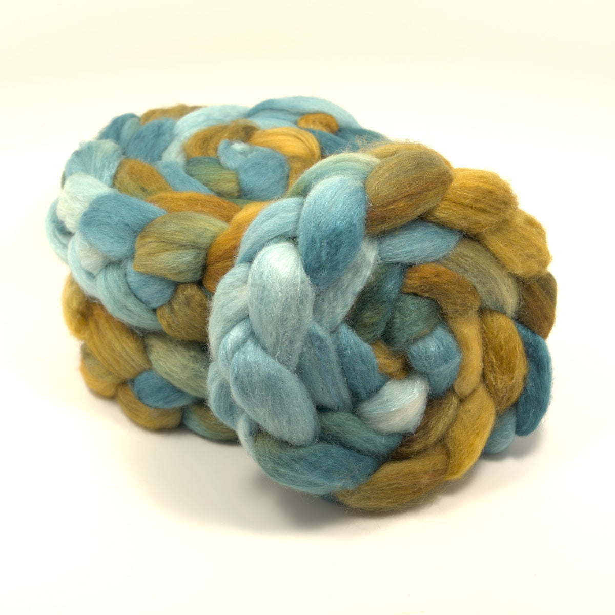 Hand painted 75/25 BFL tussah silk combed top in ochre, dusty teal and spruce green