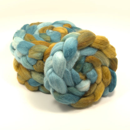 Hand painted 75/25 BFL tussah silk combed top in ochre, dusty teal and spruce green