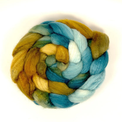 Hand painted 75/25 BFL tussah silk combed top in ochre, dusty teal and spruce green