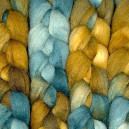 Hand painted 75/25 BFL tussah silk combed top in ochre, dusty teal and spruce green