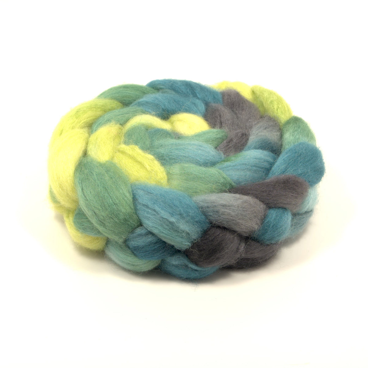 Hand painted 75/25 BFL tussah silk combed top in pale chartreuse, sage and teal