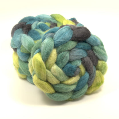 Hand painted 75/25 BFL tussah silk combed top in pale chartreuse, sage and teal