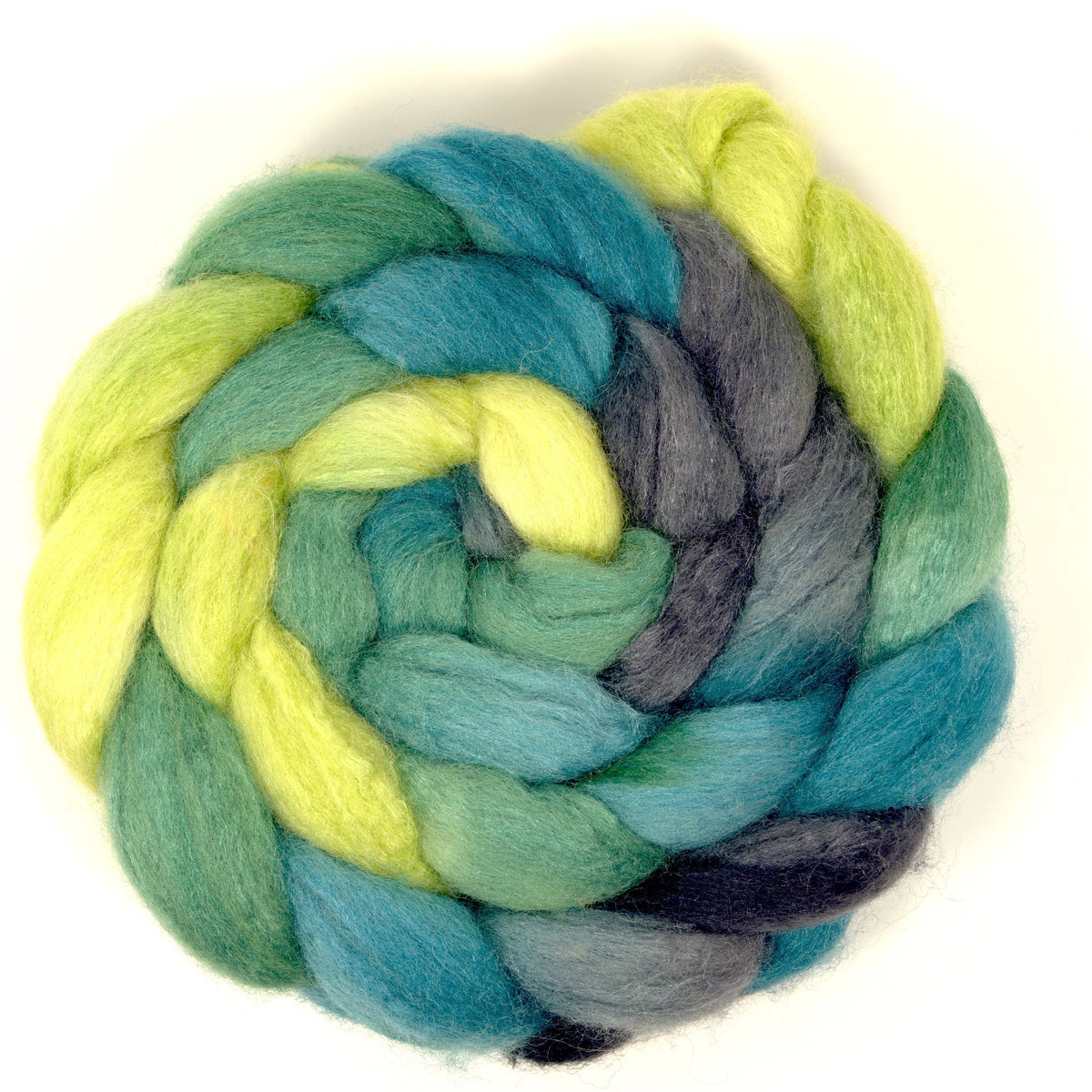 Hand painted 75/25 BFL tussah silk combed top in pale chartreuse, sage and teal