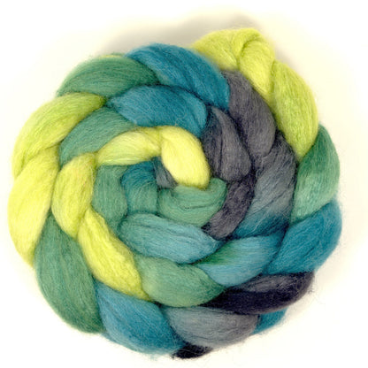 Hand painted 75/25 BFL tussah silk combed top in pale chartreuse, sage and teal