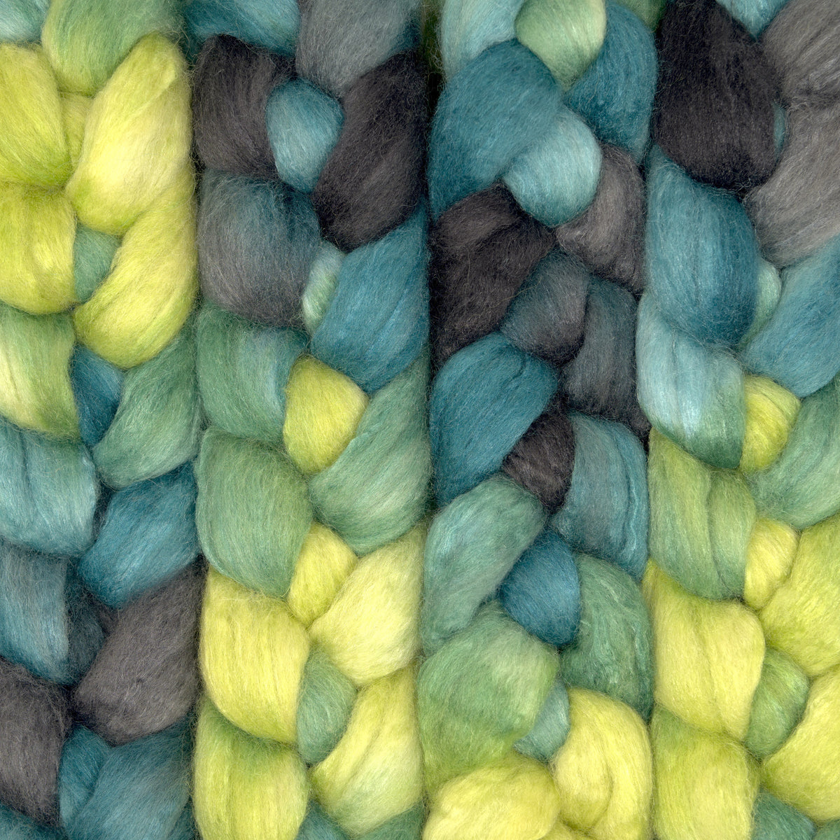 Hand painted 75/25 BFL tussah silk combed top in pale chartreuse, sage and teal