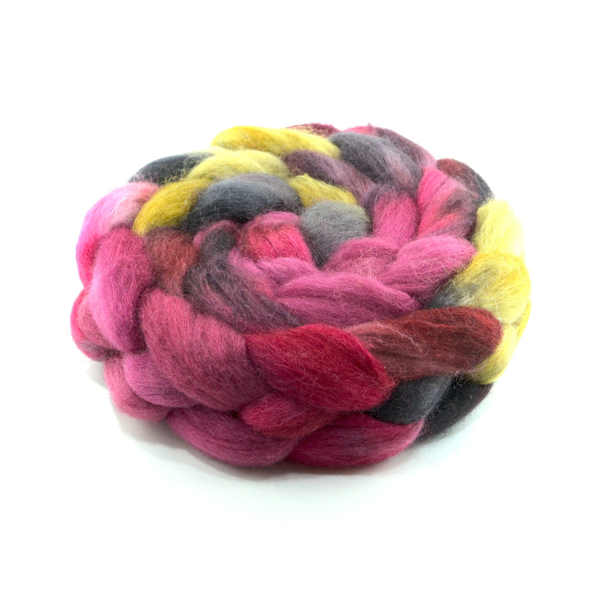 Hand painted BFL tussah silk combed top, hot pink, cranberry and butter yellow, side view