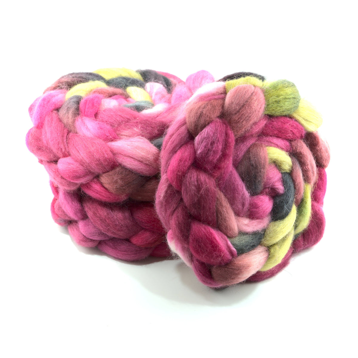 Hand painted BFL tussah silk combed top, hot pink, cranberry and butter yellow, two-bun stack
