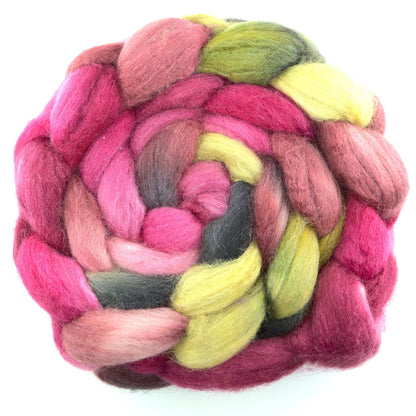 Hand painted BFL tussah silk combed top, hot pink, cranberry and butter yellow, overhead view