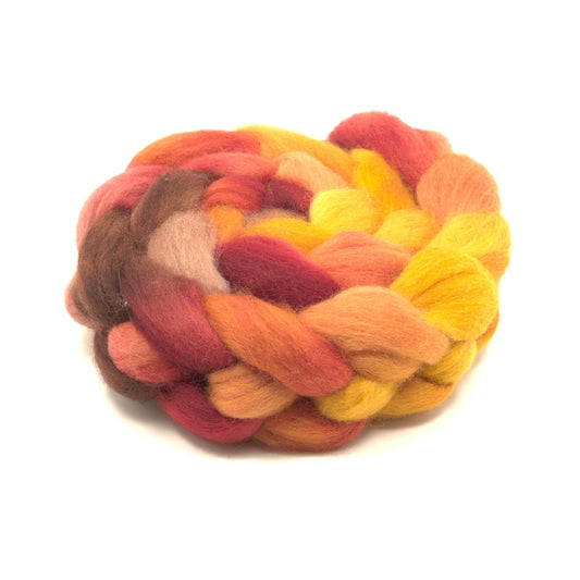 Hand painted Corriedale combed top in terracotta, tangerine and brick red