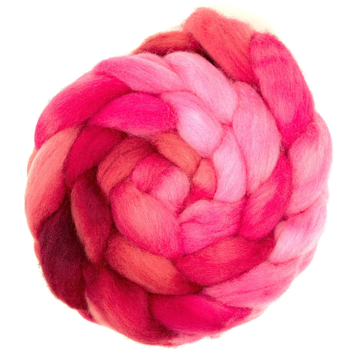 Hand painted Corriedale combed top in crimson, hot pink and raspberry