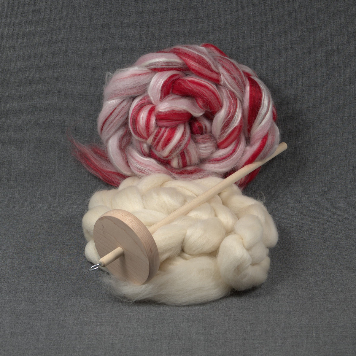 Drop Spindle Spinning Kit | Candy Cane Merino Silk + Corriedale (4oz each)